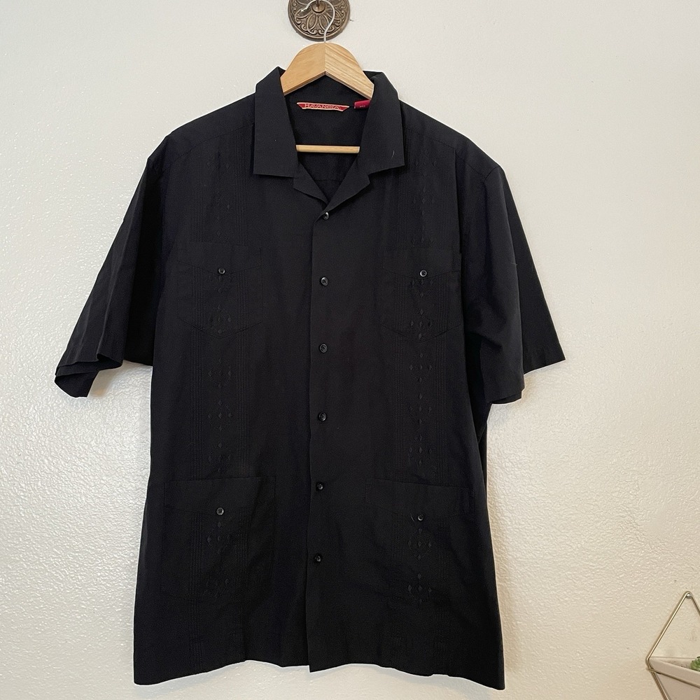 Havanera Co Mens Shirt Size XXL Black Short Sleeve Button‎ Front Guayabera